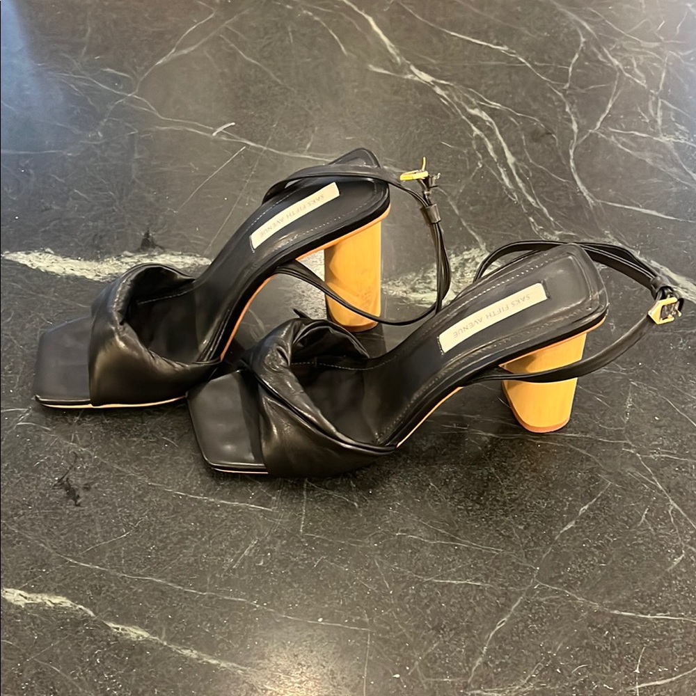 Saks Fifth Avenue Black and Wood Heeled Sandals